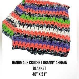 Handmade‎ Crochet Granny Afghan throw Blanket Vibrant black purple green orange